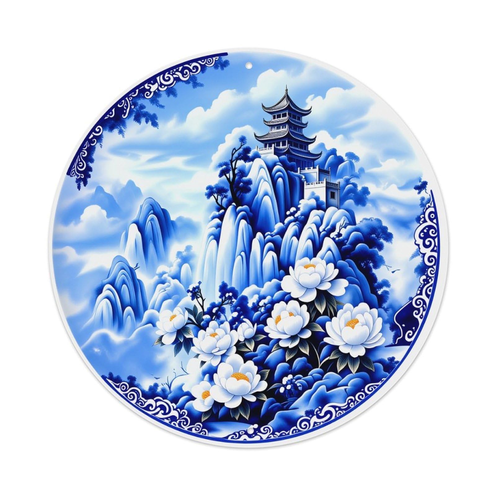 Blue And White Porcelain Landscape Round Tin Sign Vintage Style Metal Sign Home Bar Garden Wall Plaque Decor Metal Poster 8x8 Inch