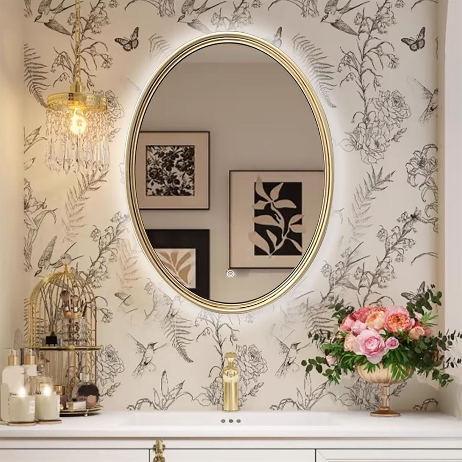 FGXHHS Dimmable Oval Antique French Vanity Mirror with Elegant Vintage Frame, Baroque Inspired for Bathroom, Entryway, and Living Room