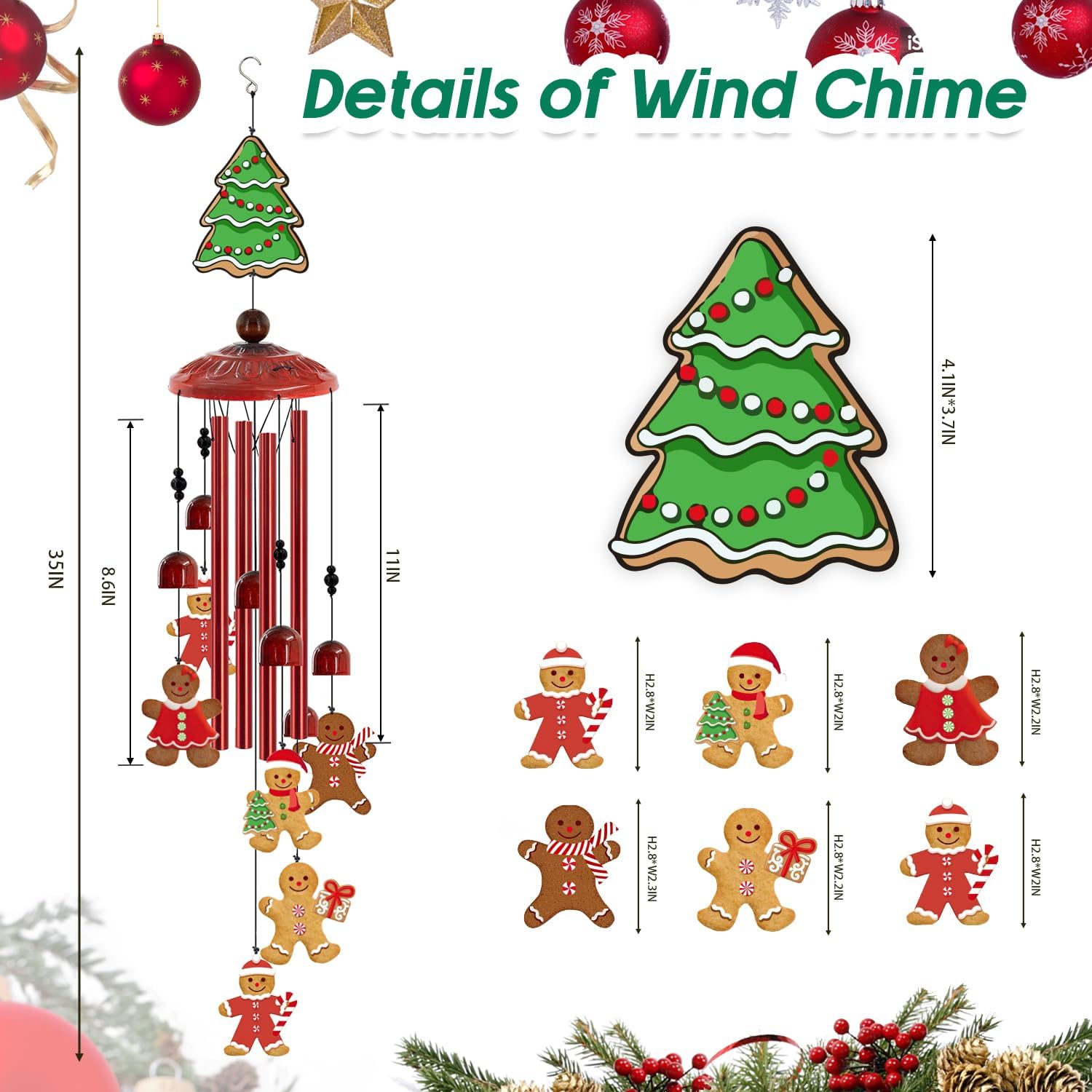35" Gingerbread Man Wind Chimes for Outside,Festive Holiday Decor for Garden, Outdoor Waterproof Hanging Metal Wind Chime for Porch Garden Patio,Garden Decoration Outdoor - Image 4