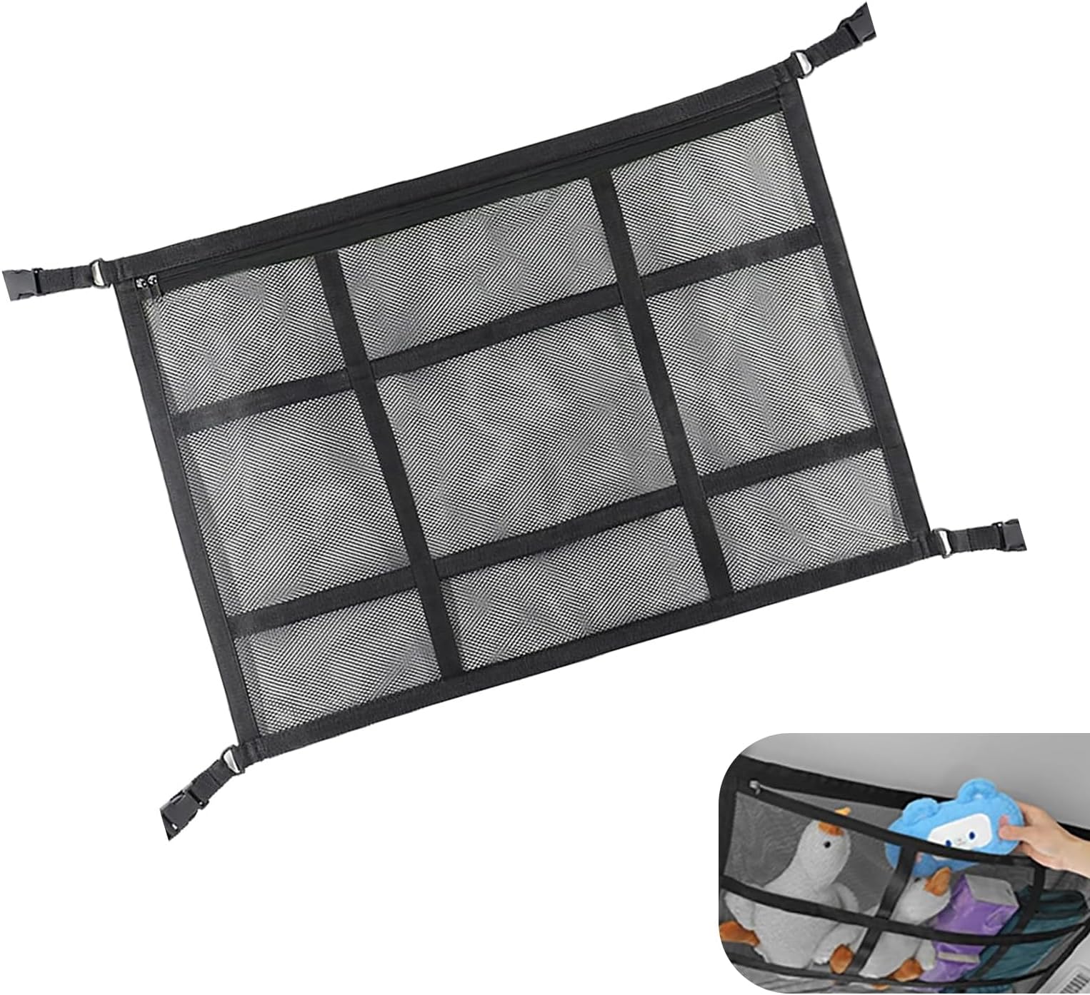 - Car Ceiling Cargo Net, 31.5" x 21.7" Adjustable Buckle Heavy Duty Car Roof Storage, Double Layer Mesh Interior Organizer with Zipper, Universal for Cars, SUVs, Trucks