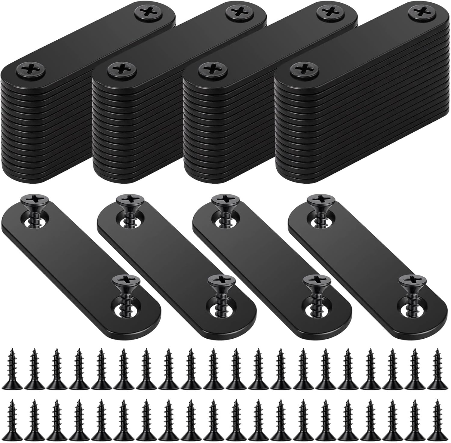Yinkin 30 Pcs 7.7"x0.79" Black Stainless Steel Flat Straight Braces Mending Plates with 200 Screws, Rustproof Straight Brackets for Furniture, Shelves, Cabinets & DIY Wood Joint Repair