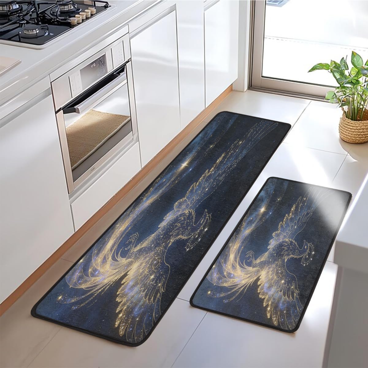 Anti Fatigue Golden Phoenix Kitchen Mats for Floor 2 Piece Set, Waterproof Non Slip Boho Kitchen Floor Rugs, Comfort Standing Mat for Sink Laundry & Home Kitchen 17"x47"+17"x29"