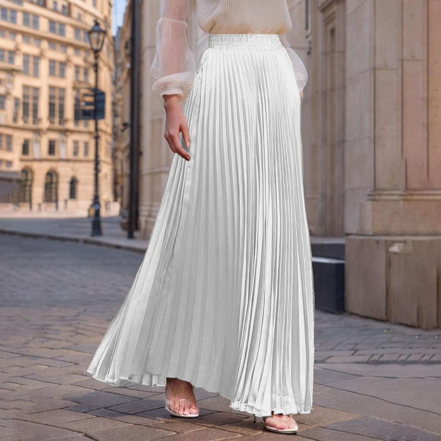 Women's Maxi Pleated Skirt with Pockets High Waisted A Line Long Skirts Solid Color Business Casual Outfits