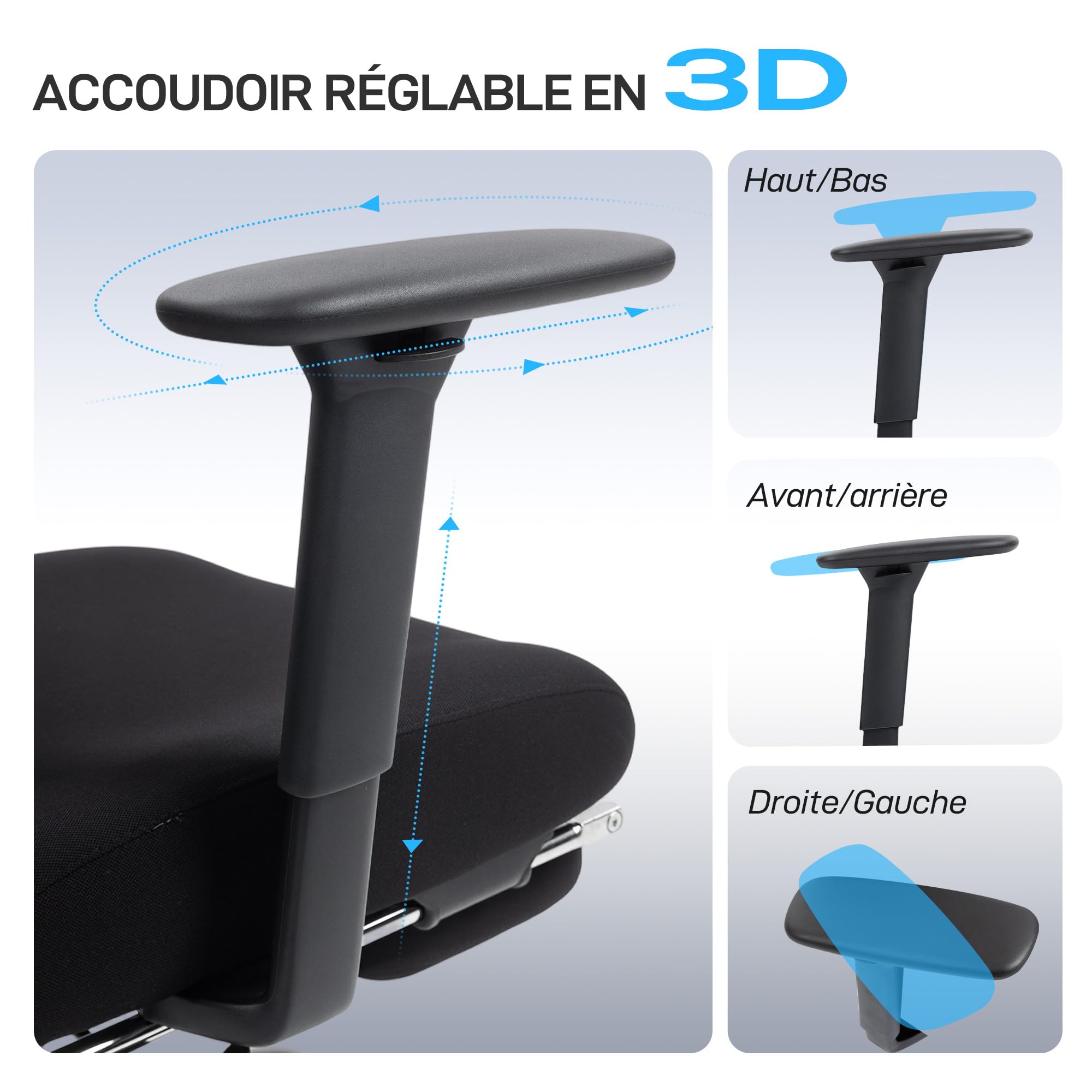 HOMCOM Chaise Bureau Ergonomique Fauteuil Bureau Soutien Lombaire Dynamique Adaptatif Accoudoirs 3D Dossier Inclinable Hauteur Appui-Tête Réglables Repose-Pieds Pivotant 360° Noir