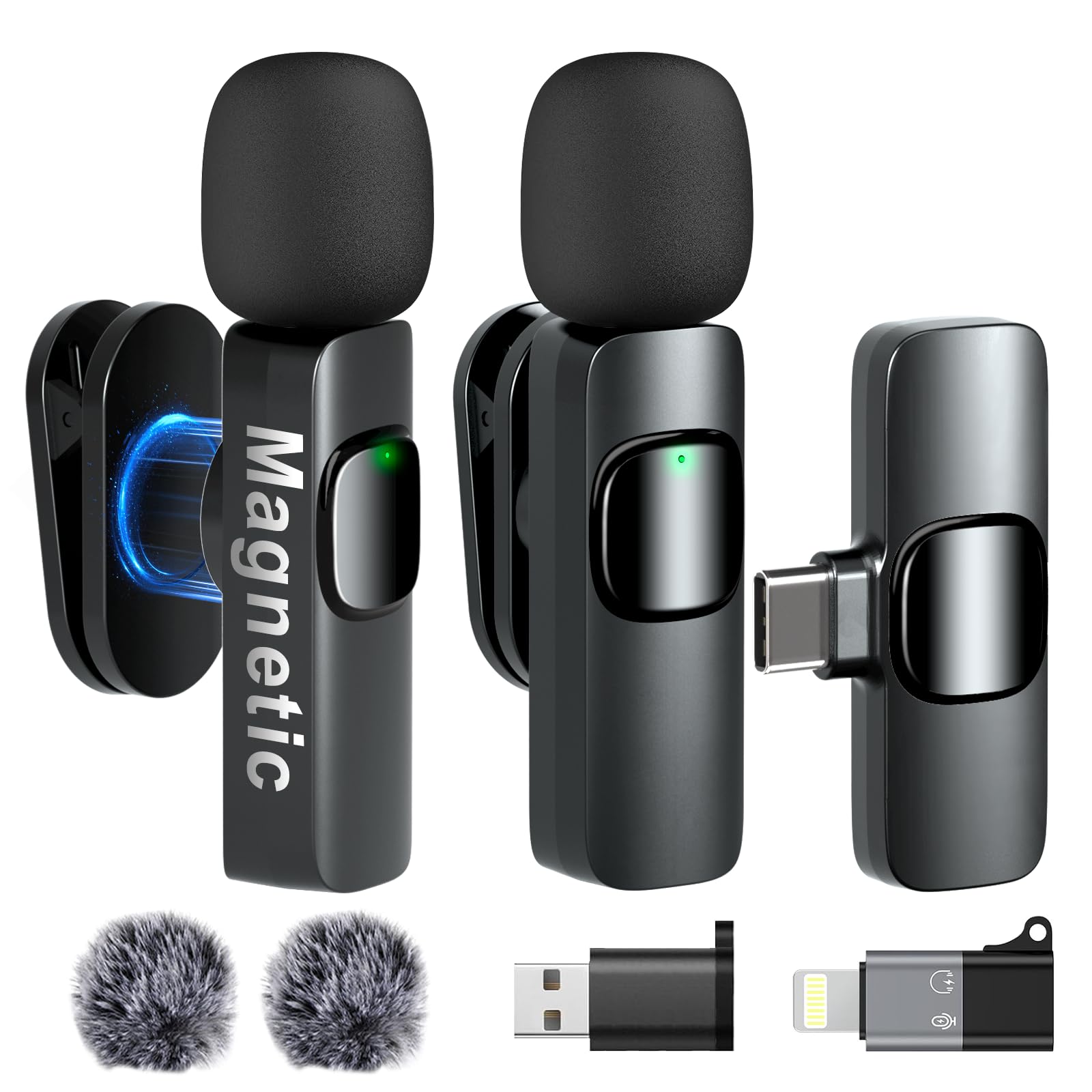 SonicWave Tech Wireless Lavalier Microphone Clip on Mics - 2 Pack 3-in-1 Mini Wireless Microphone, Lapel Mics with Magnetic 360°Adjustable Microphone Noise Canceling
