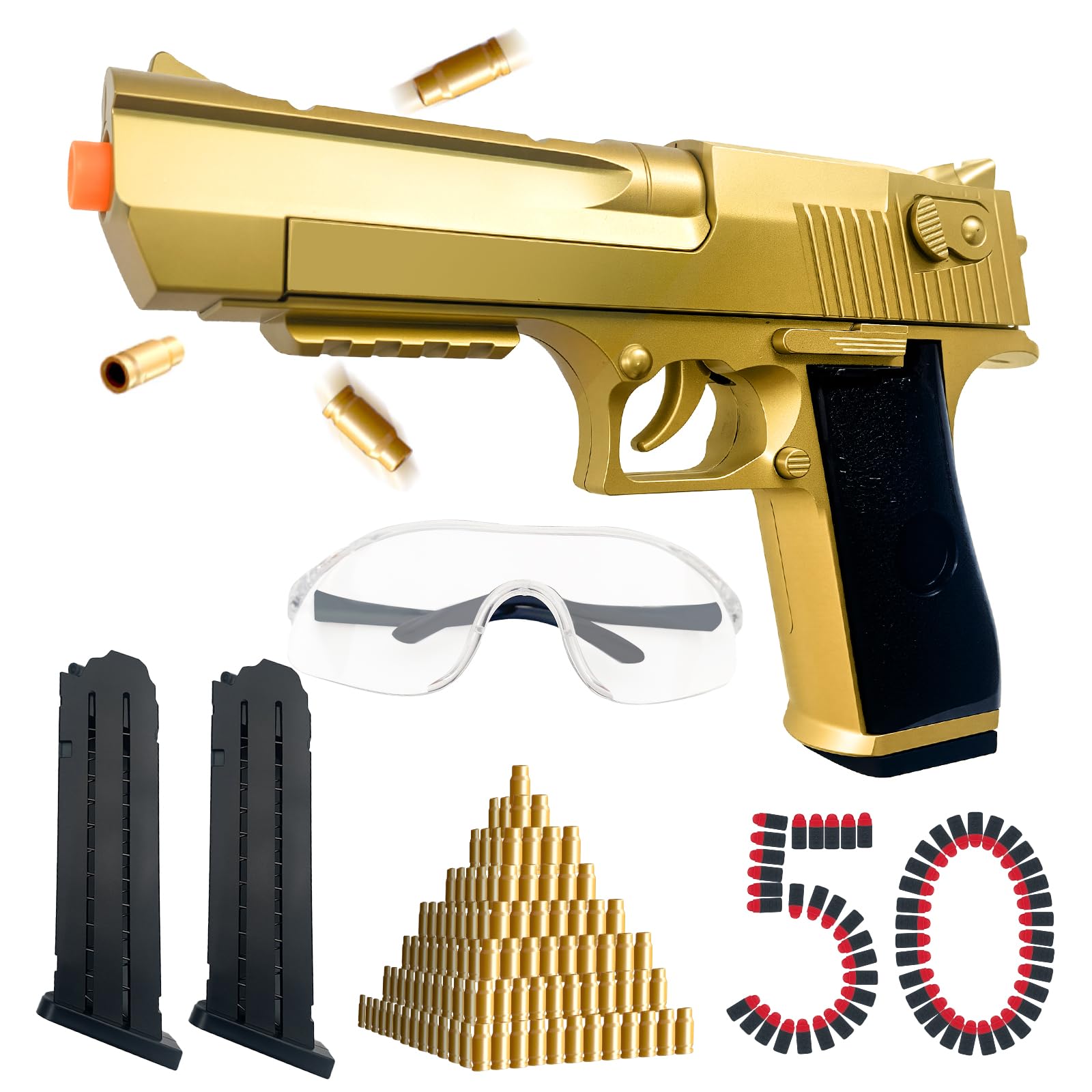 Shell Ejecting Toy Gun for Kids & Adults - Realistic Tactical Blaster with 50 Soft Foam Bullets, Safety Goggles - Shoots 32 Feet - Christmas Birthday Gift for Boys Teens - Outdoor Backyard Battle Game