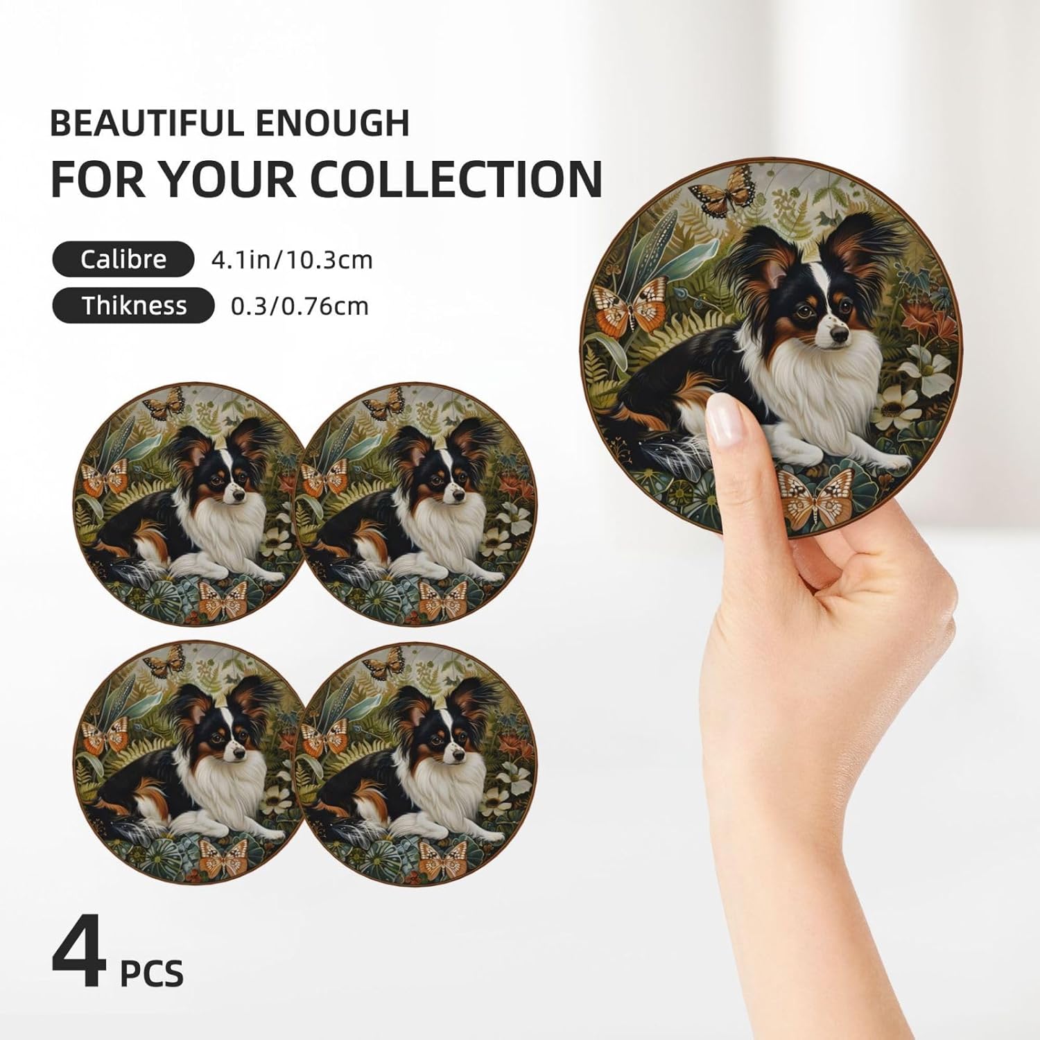 Papillon Dog Mom Gift Ceramic Absorbent Coasters Set of 4 Pack, Dog Father Gift Water Moisture Non-Slip Stoneware Cupholder Coffee Coasters Beverage Kit for Mug Wine Glass Tea Cup