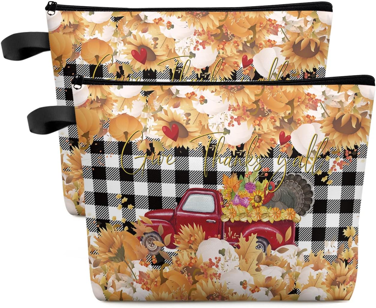 LsrtossThanksgiving Makeup Bag - Large Capacity Travel Cosmetic Bag for Women Men, Pumpkin Leaves Truck Black Plaid Makeup Organizer Bag Waterproof Hanging Toiletry Bag Makeup Bags 2Pack