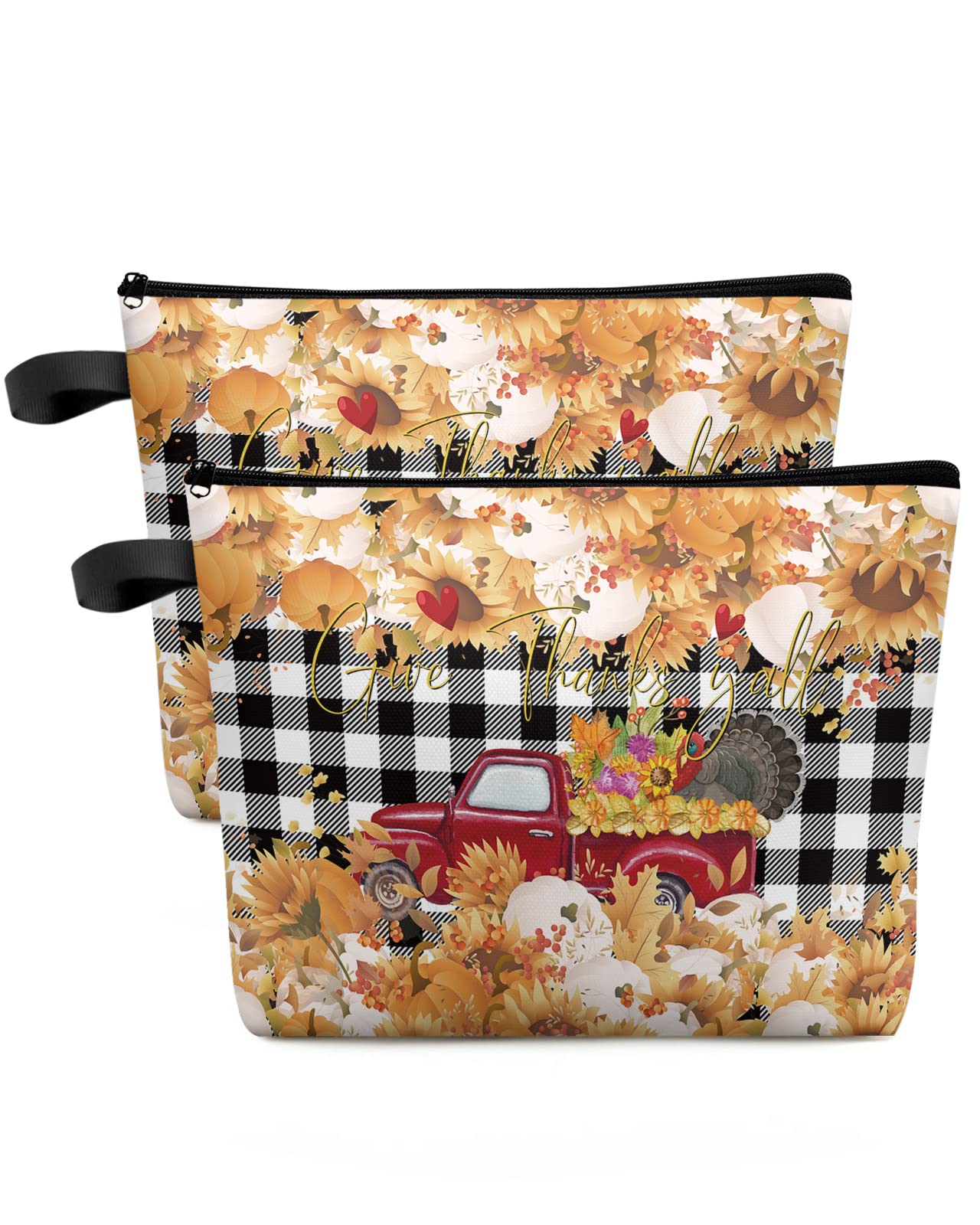 LsrtossThanksgiving Makeup Bag - Large Capacity Travel Cosmetic Bag for Women Men, Pumpkin Leaves Truck Black Plaid Makeup Organizer Bag Waterproof Hanging Toiletry Bag Makeup Bags 2Pack