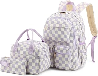 Corduroy Backpack Set for Teen Girls, 3PCS Kids Backpack with Lunch Box Pencil Pouch, Lightweight Bookbag Travel Daypack for Elementary Middle High School Bag (Checkered Purple)