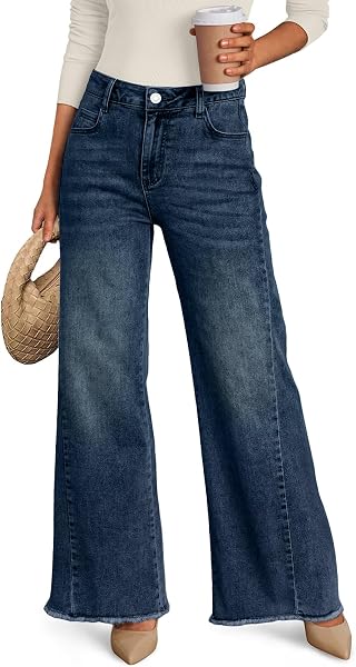 Trendy Queen dark wash wide-leg raw hem jeans
