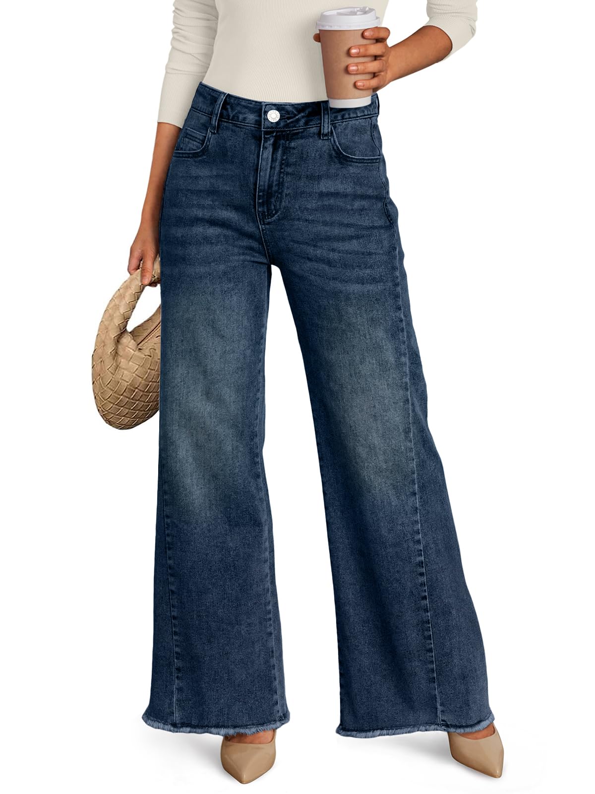 Trendy Queen Women's Wide Leg Jeans, Relaxed Loose with Raw Hem Pants