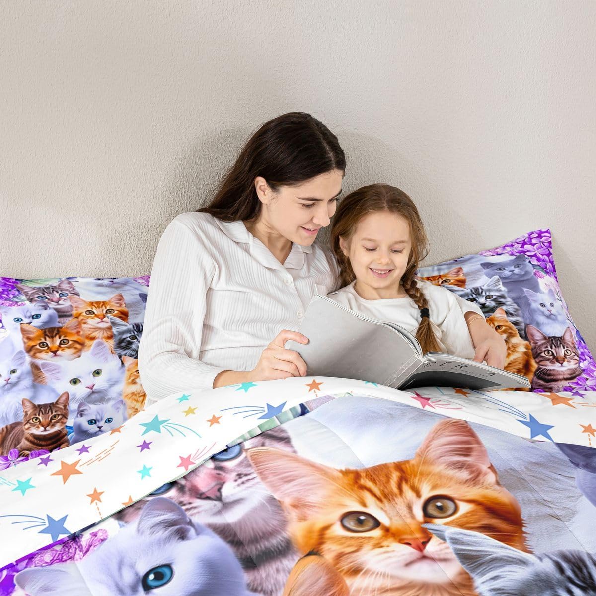 Cute Cat Bedding Full Size Comforter Set Pet Cats Kawaii Toddler Bedding Set for Kids Boys Girls Lovers Cat Purple Comforter Feline Animal Lovely Decor Warmth Quilt Set with 2 Pillowcases 3Pcs