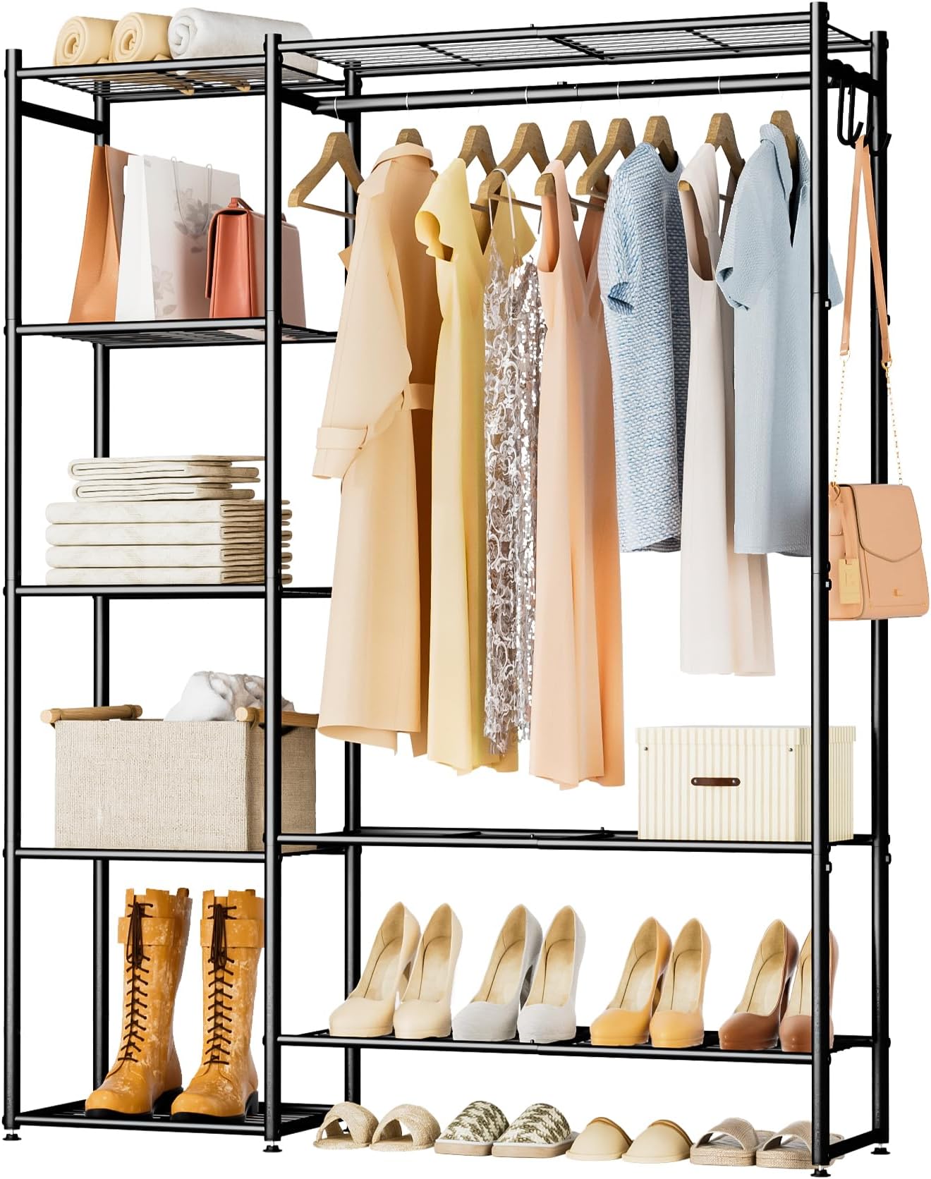 Neprock Clothes Rails for Bedroom, FreeStanding Open Wardrobe Closet with Hanging Rail, 4 Storage Shelves, 3 Hooks and 2 Bottom Shelves, Portable Metal Clothing Rack for Shoe and Clothes Storage,Black