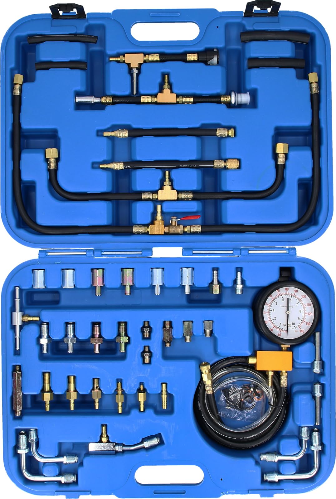 BRILLIANT TOOLS BT581400 Benzindruck-Prüfer-Satz, 0 - 8 bar, 44-tlg [Powered by KS TOOLS] Mit Stabilem Blauen Transportkoffer