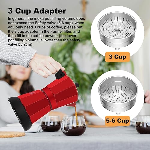 Miniatura 6 de Olla eléctrica de aluminio para moka de 5 a 6 tazas, 9.1 fl oz, con base desmontable, ideal para el hogar, cafetera italiana y cubana, cafetera