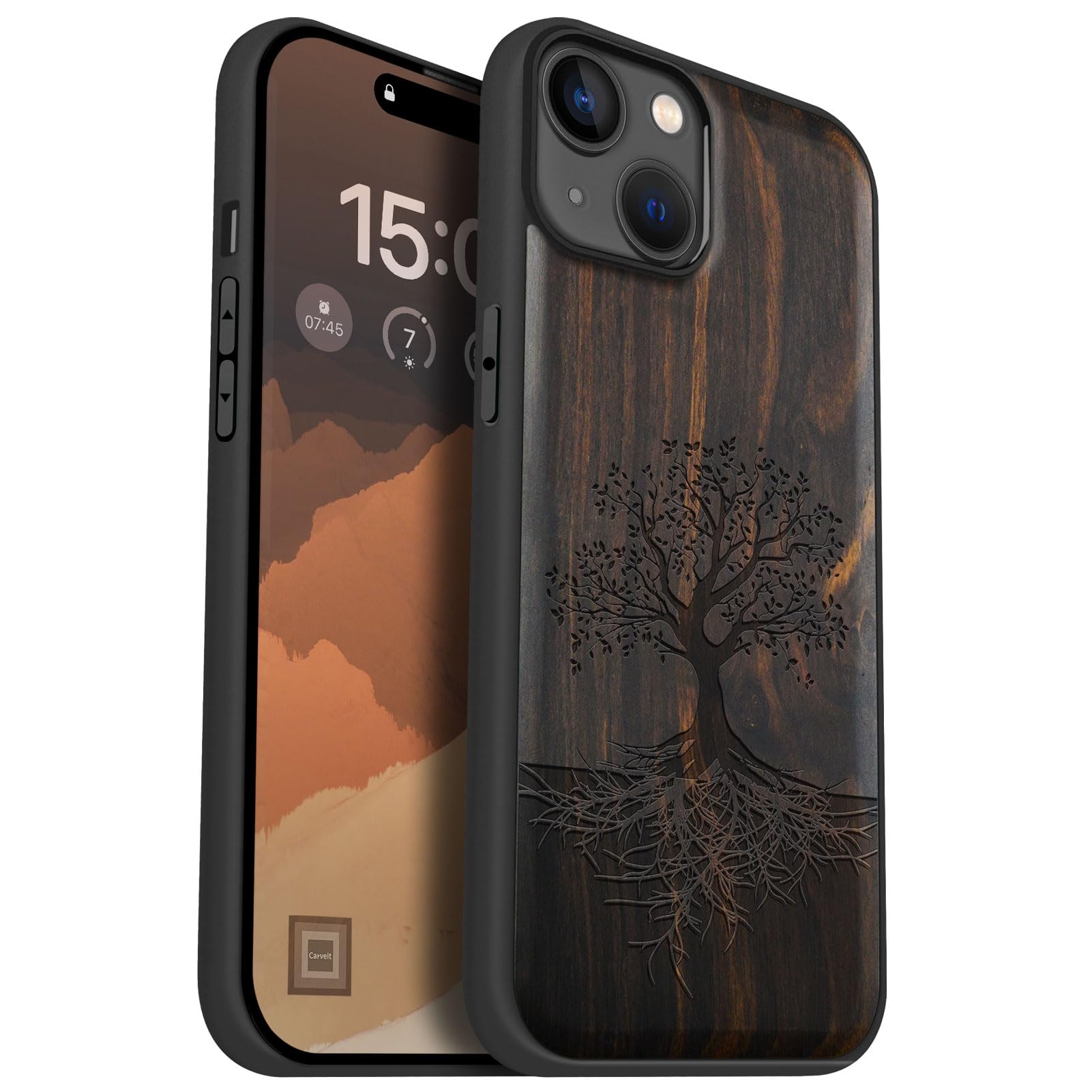 Carveit Magnetic Wooden Case for iPhone 15 Plus Case, Compatible with MagSafe Wireless Chargers, Black Soft TPU Shockproof Cover & Wood Artisan
