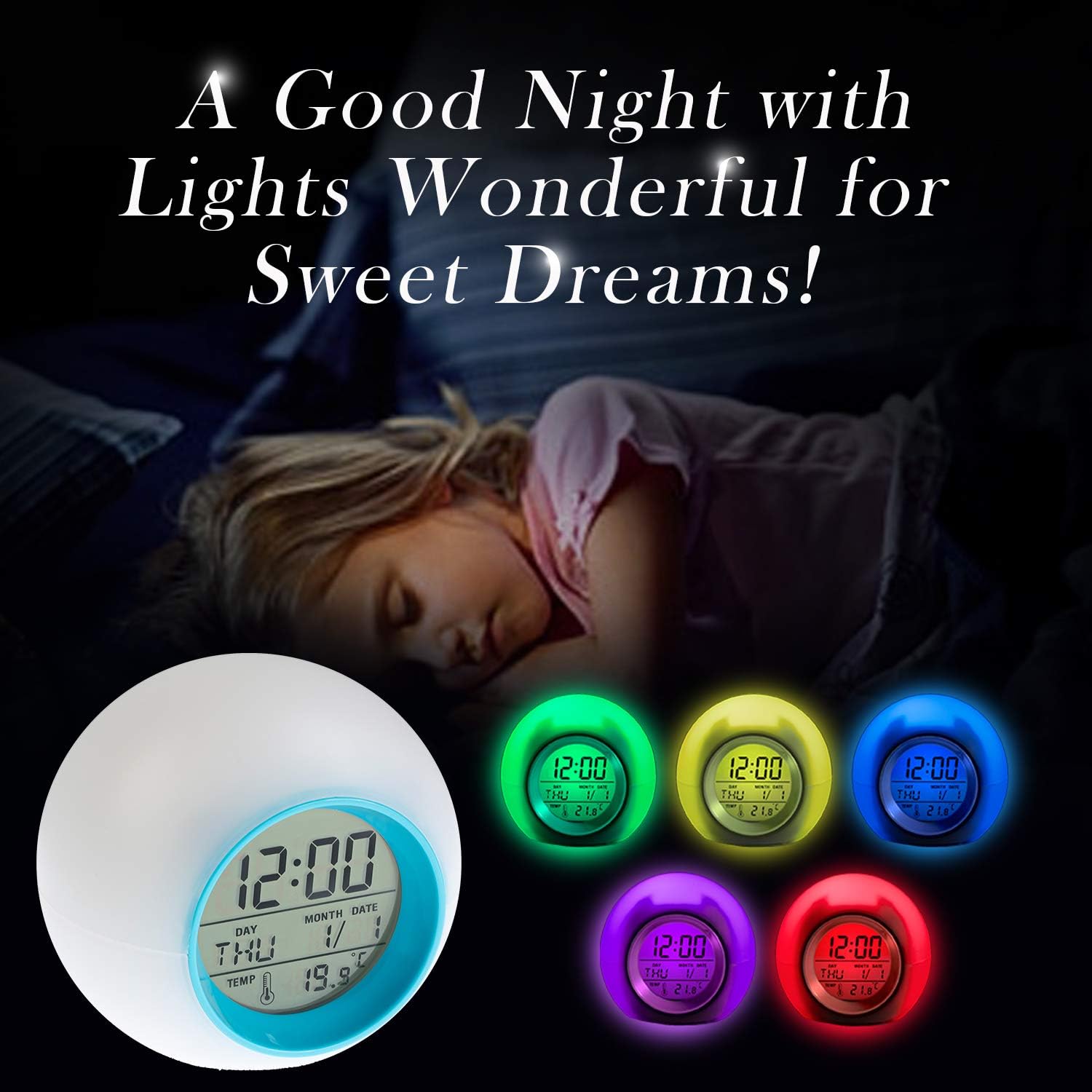ZALIK Alarm Clock Wake Up Easy Setting Digital Clock for Boys Girls, 7 Colors Changing LED Light Large Display Time/Date/Temp/Alarm with Snooze, Bedside Clock, Night Light Clock - Best Gift for Kids