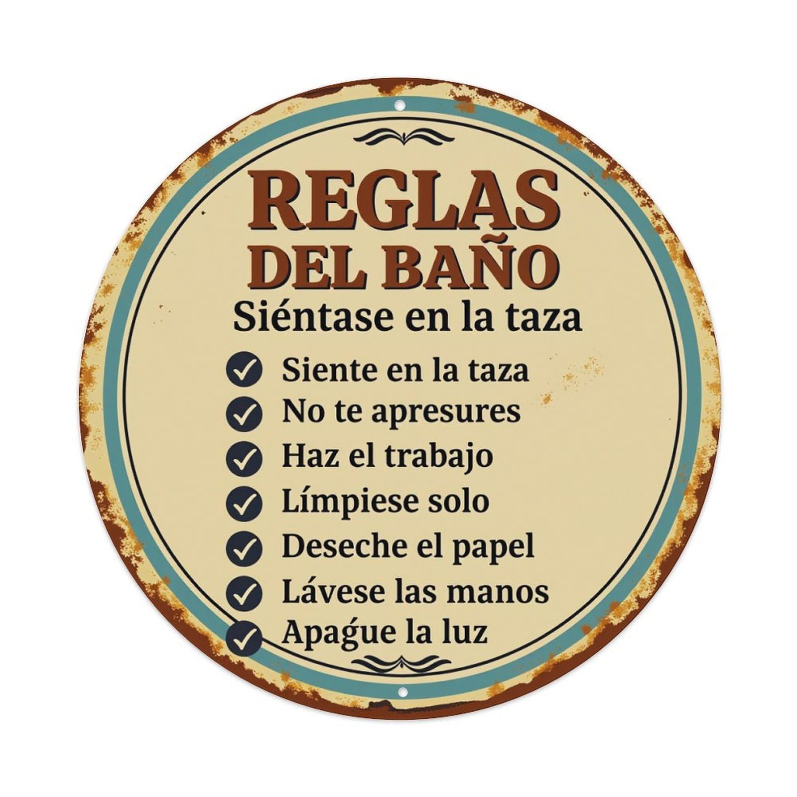 Reglas Del Baño Sientate En La Taza No Te Apresures Haz El Vintage Round Tin Sign Retro Metal Wall Decor Metal Poster, Home Bar Garage Cafe Wall Art Decoration 8x8Inches