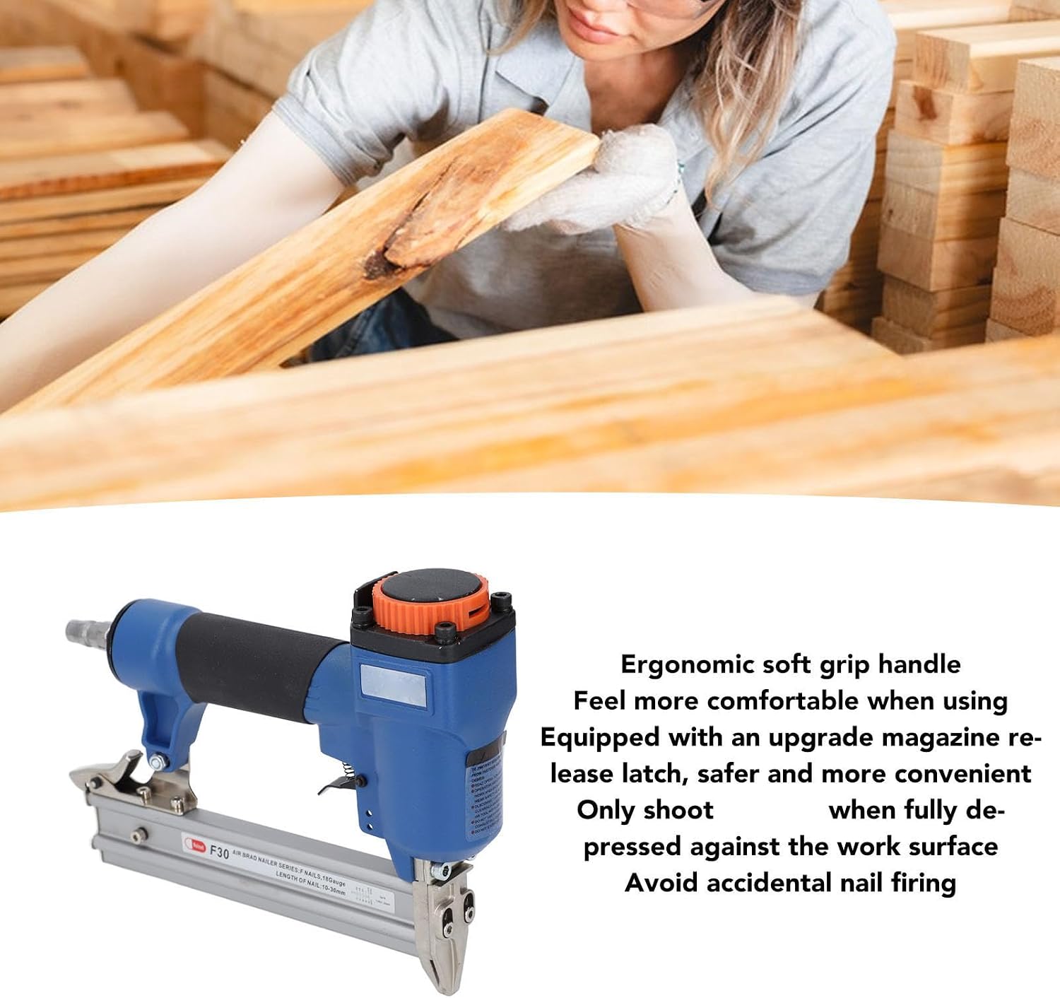 Air Powered Brad Nailer, 18, F30 Ergonomic Soft Grip, Upgrade Release Latch, for Softwood Projects, Cable Fixing, Pet House