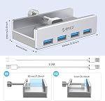 ORICO USB 3.0 Hub, USB Hub Clamp, Aluminum 4-Port USB Splitter with Extra Power Supply Port and 4.92 FT USB A to USB A and USB A to USB C Cable, Desktop Powered USB Hub for Monitors/Desks-Silver