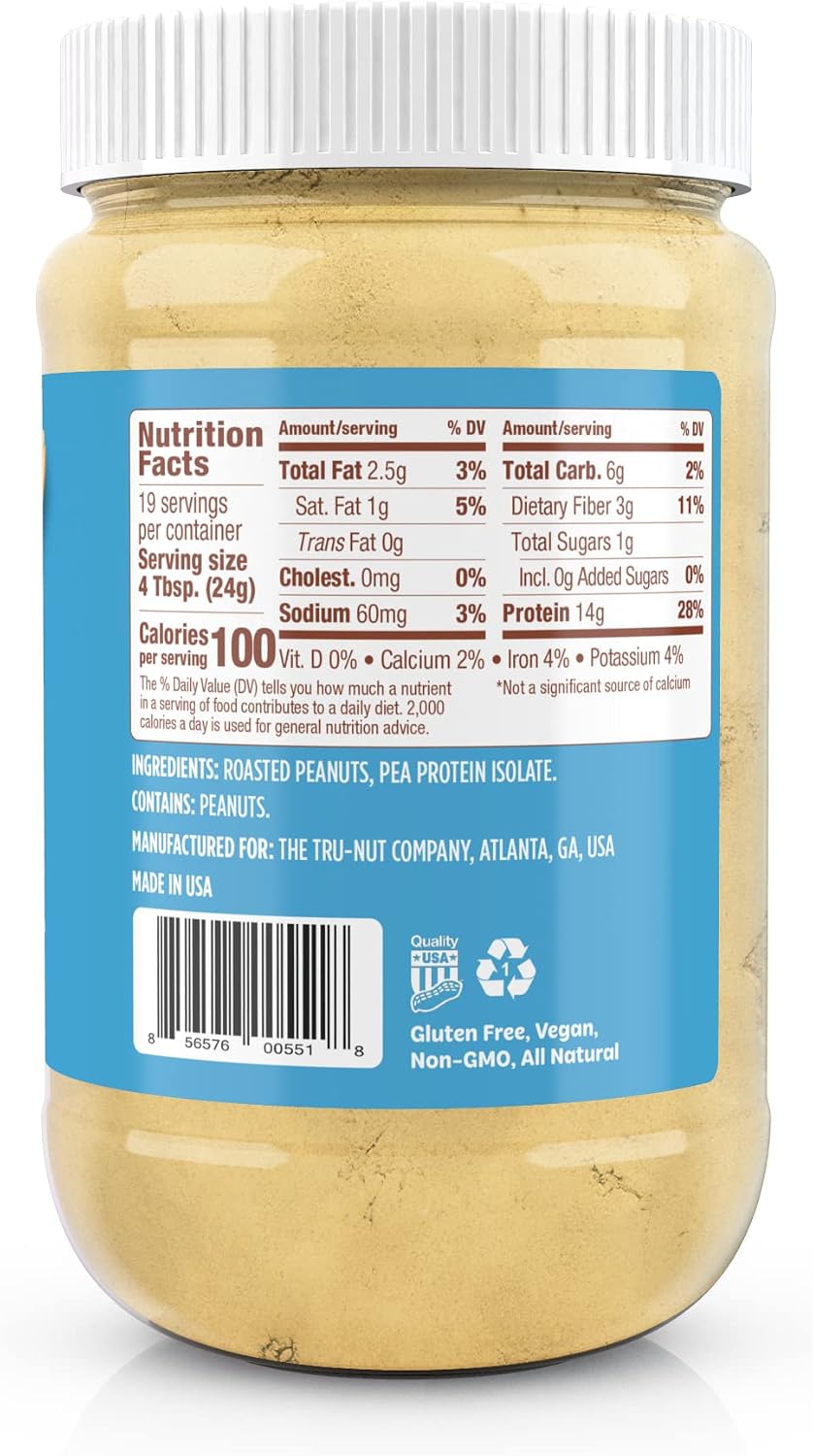 Tru-Nut Plant Based Peanut Butter Protein Powder - Vegan Protein Powder, Non Dairy, Gluten Free, Non GMO, Natural Protein Powder 16oz