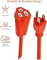 Vista 4 de Yaxa Basics Cable de extensión de 50 pies de 3 clavijas para interiores y exteriores, resistente, 13 amperios, 1625 vatios, 125 VAC, naranja