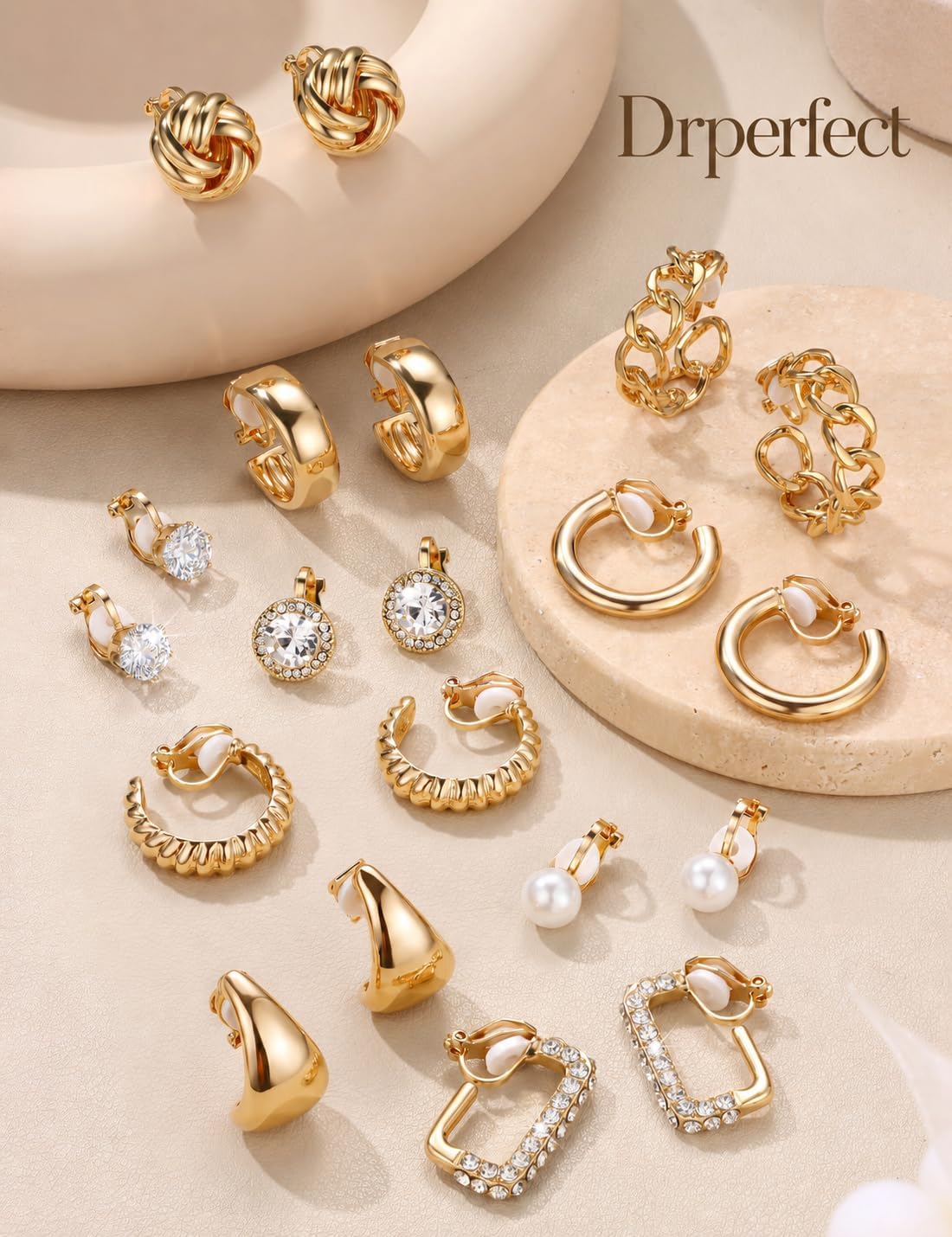 Drperfect Clip On Earrings for Women 14K Gold Plated Clip Earrings Non Pierced Ears Clips Pearl Knot Twist Chunky Hoop and Studs Earring Set Hypoallergenic Fake Earring for Women Trendy Jewelry Gifts