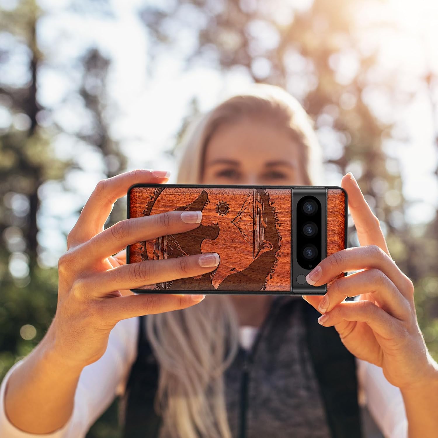 Carveit Wood Case for Pixel 8 Pro - Natural Wood & Black Soft TPU - Shockproof Protective Cover - Unique Wooden Case - Compatible with Google Pixel 8 Pro - Wolf - Red