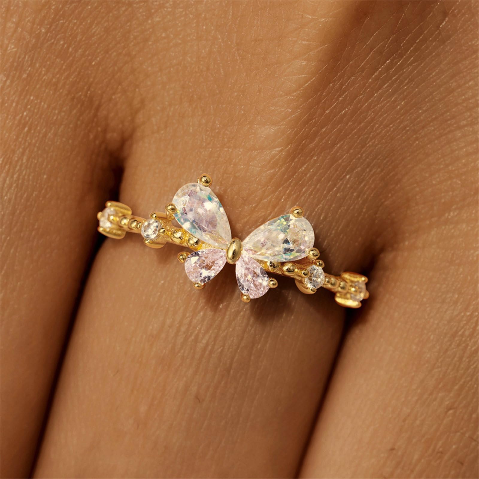 Daesar Anello Oro Giallo 14K, Fedi Nuziali Donna Design A Farfalla Regolabile con Goccia D'Acqua Zaffiro Sintetico Anelli Fidanzamento Matrimonio Oro Giallo per Mamma, Fidanzata, Sposa