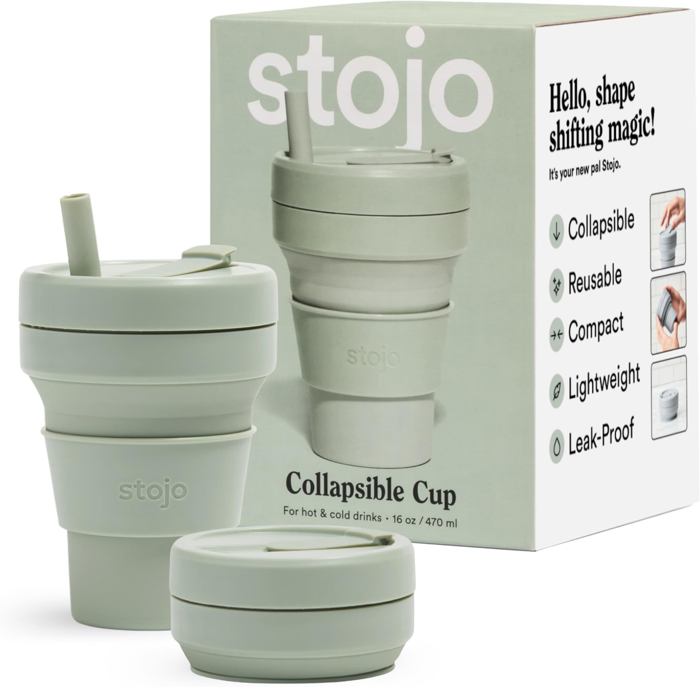 Stojo Collapsible Coffee Reusable to Go Pocket Size Travel Cup (Sage, 16oz / 470ml)