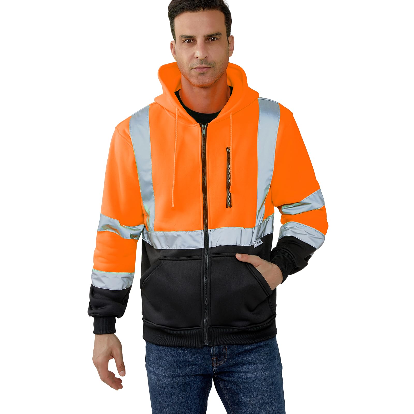 HYCOPROT Felpa ad Alta visibilità per Uomo Hi Vis Viz Felpa con Cappuccio di Sicurezza Felpa Leggera Giacca da Lavoro Riflettente Tasche Cappotto di Sicurezza con Cerniera e Coulisse EN ISO 20471
