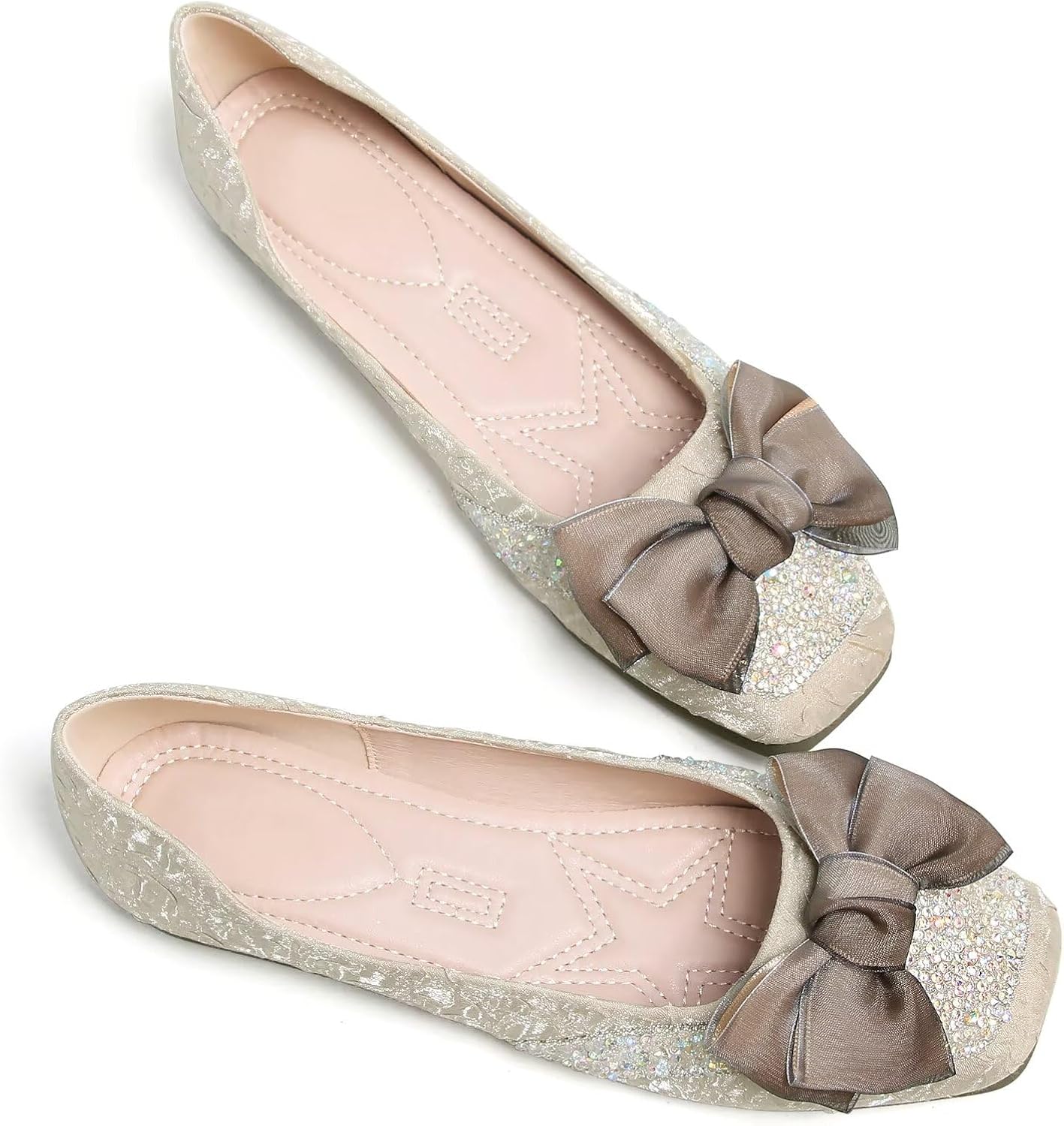 SAILING LU Square Toe Flats Shoes Rhinestoned Bowknots Ballet Flats for Women Studded Dress Shoes Comfort Light Weight Loafers - Image 3