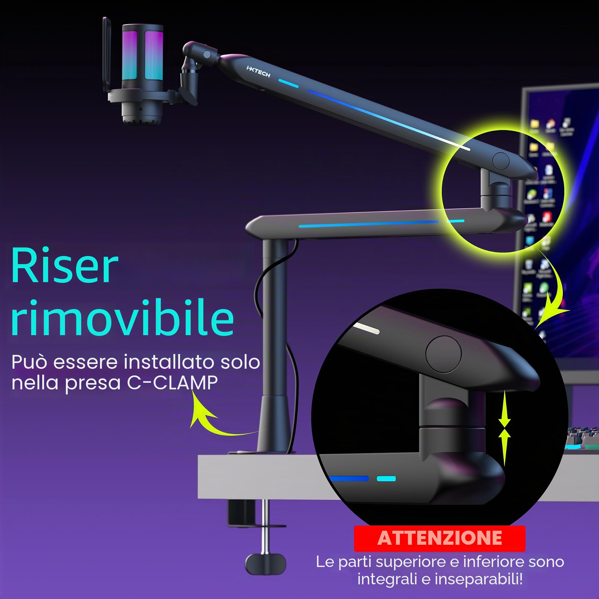 IXTECH Braccio RGB a basso profilo per microfono, supporto regolabile con morsetto per montaggio a scrivania, braccio girevole per gestione dei cavi per podcast streaming