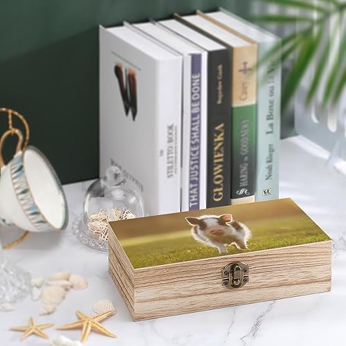 Miniatura 4 de Mini cerdo caminando en el patio al atardecer caja de madera cajas de almacenamiento de joyas con tapa con bisagras, contenedor de madera, caja de