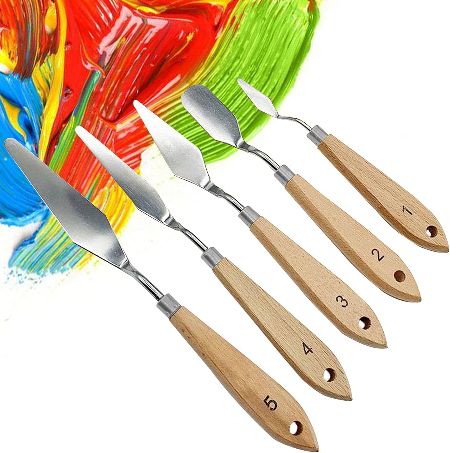 AXNAU 5 PCS Palette Knife Set, Stainless Steel Palette Art Tools with Wooden Handle for Oil Painting, Color Mixing, Acrylic Painting