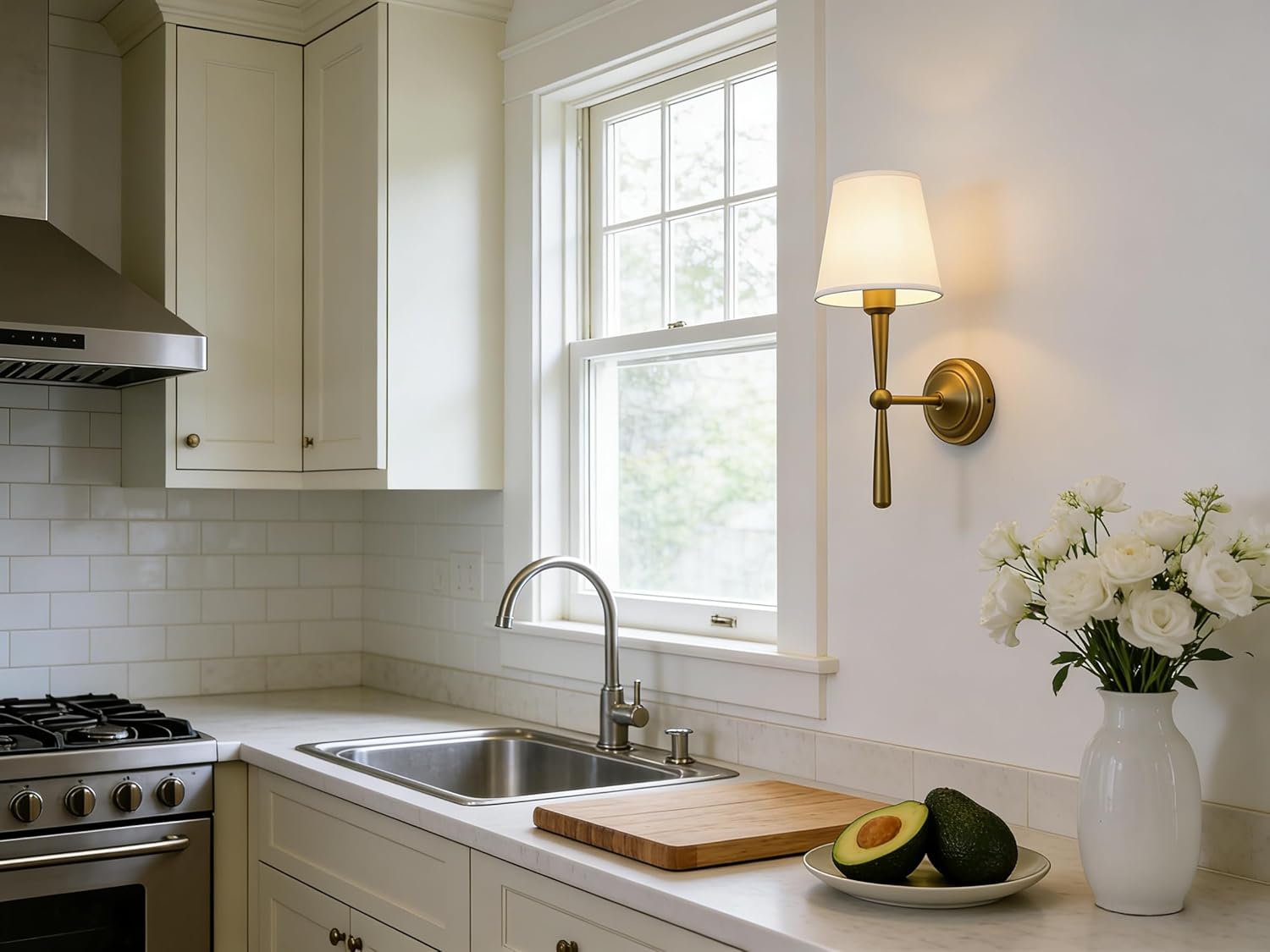 Sconce Wall Lighting with Boho White Fabric Shade, E26 Aged Brass Vanity Bathroom Wall Lamp, Hardwired Indoor Wall Light for Living Room Bedside Nightstand Light