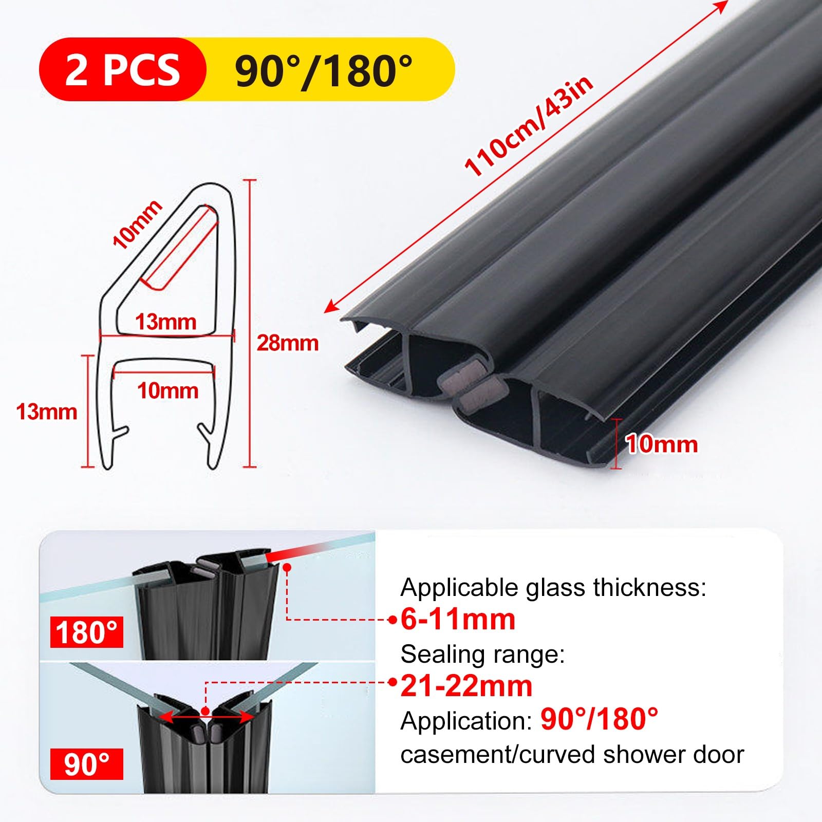 Magnet-Duschlippendichtung for Duschtüren Wasserabweisend, 1 Paar Profil-Dichtung 90°/180°, Länge: 1.1 m, Duschdichtung 6-11 mm, Türdichtung PVC Transparent(10mm)