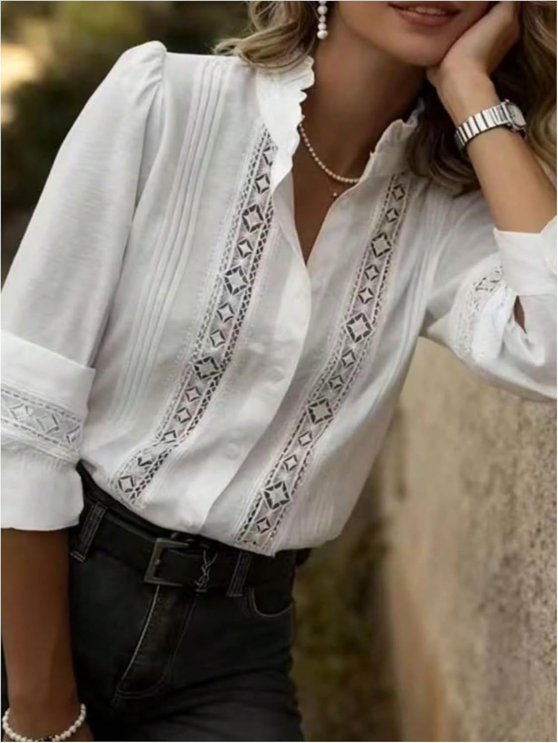 GORGLITTER Women's Lace Button Up Shirt Office Eyelet Embroidered Long Sleeve Shirts Dressy Casual Work Blouse