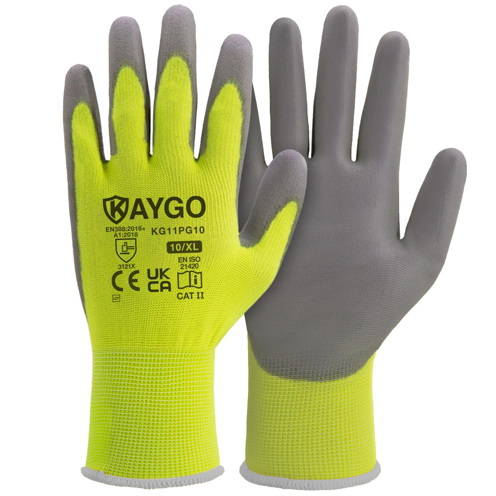 KAYGO Work Gloves PU Coated-12 works, KG11PG, Safety Working Gloves with Secure Grip on Palm & Fingers