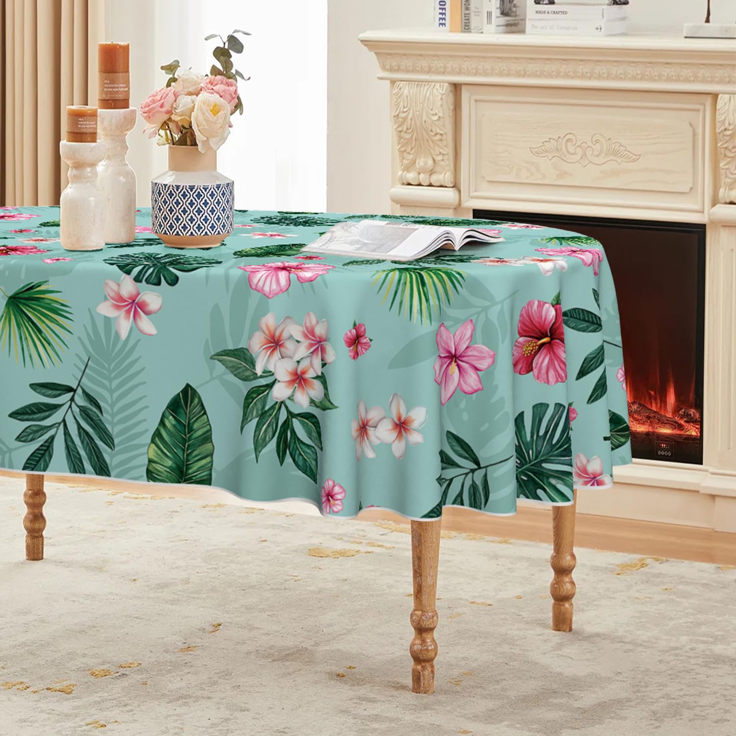 Photo 1 of Horaldaily Summer Tablecloth 60×84 Inch Oval, Tropical Flowers Monstera White Washable Seasonal Table Cover for Party Picnic Dinner Decor