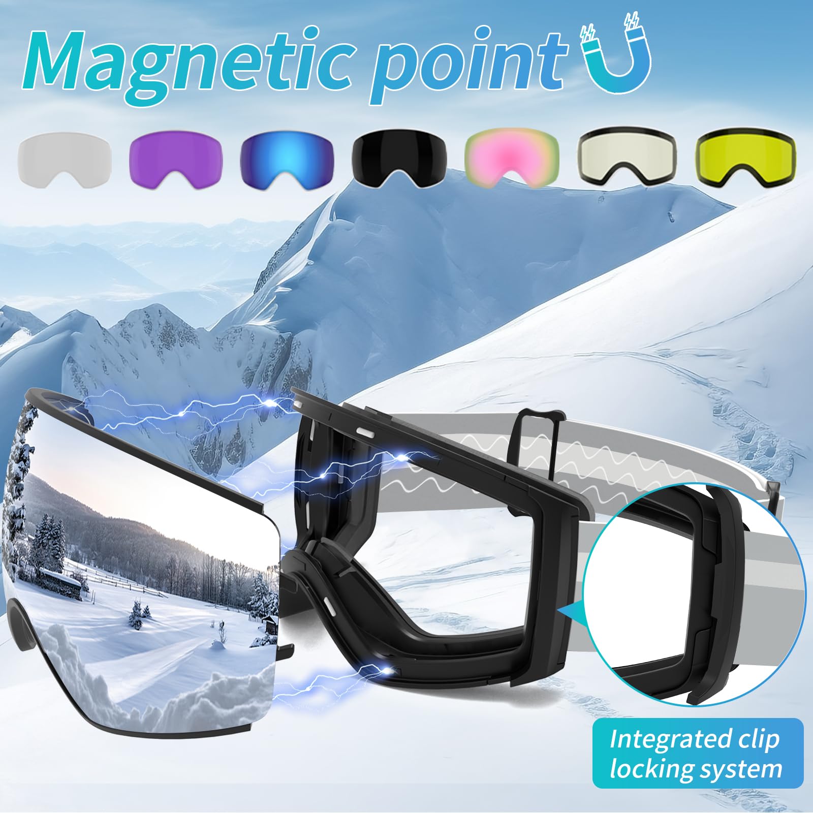 RIOROO Pro Ski Goggles for Men Women, Magnetic With Detachable Anti-Fog Lens, 100% UV Protection, OTG