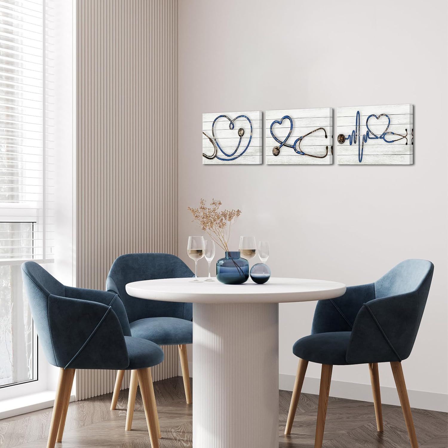 Biuteawal 3 Panels Medical Wall Art Stethoscope Paintings Echometer Instrument Picture Clinic Decor Grey Blue Canvas Print Nurse Day Gift Home Office Decoration Framed Ready to Hang