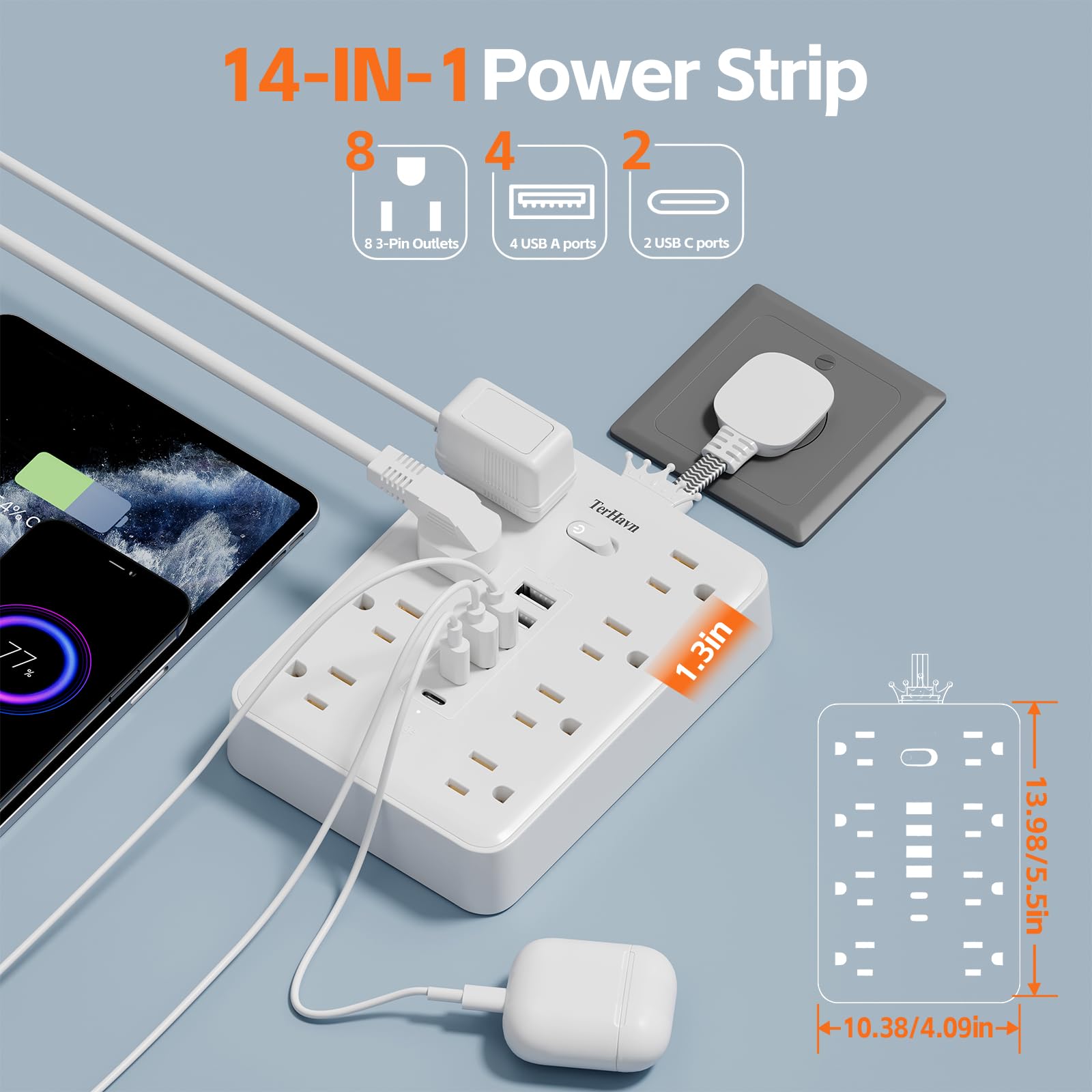 Enchufe plano ultrafino, protector de sobrecarga, regleta de alimentación con 8 salidas de CA, 6 USB (2 USB C) para el hogar, oficina, dormitorio, viajes, esenciales, 15 A, 1875 W UL