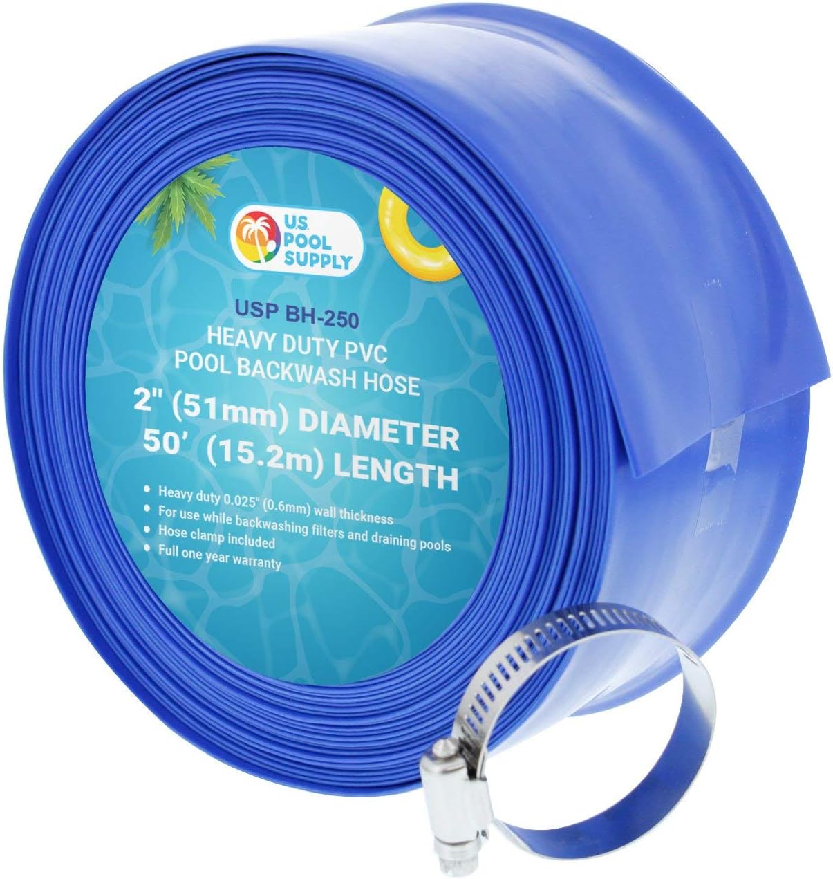 U.S. Pool Supply 2" x 50' Heavy Duty Blue PVC Swimming Pool Backwash Hose with Hose Clamp