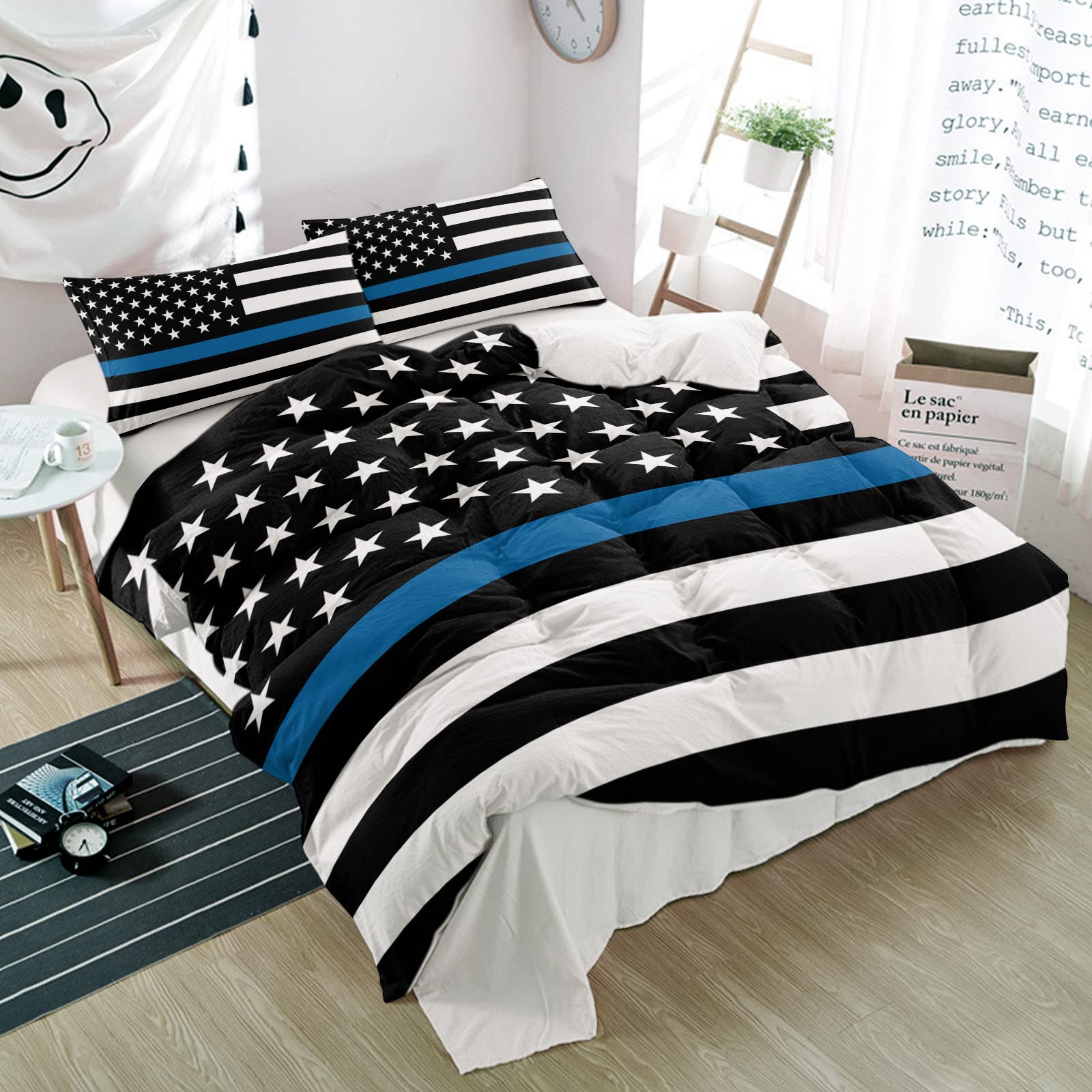 Alandar Home Duvet Cover Sets American Flag Stars Stripes Thin Blue Line Flag 3 Piece Bed Set Ultra