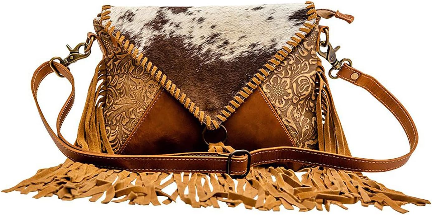 Myra Bag Western Leather Crossbody Bag for Women - Upcycled Canvas Shoulder Bag with Tassels Lunatone