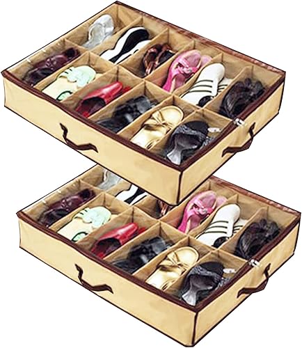 2PCS Señoras/Niños Almacenamiento Hogar Bolsa de Zapatos 12 Celdas Debajo de la Cama Organizador de Armario Plegable (Beige) (Beige) (2)
