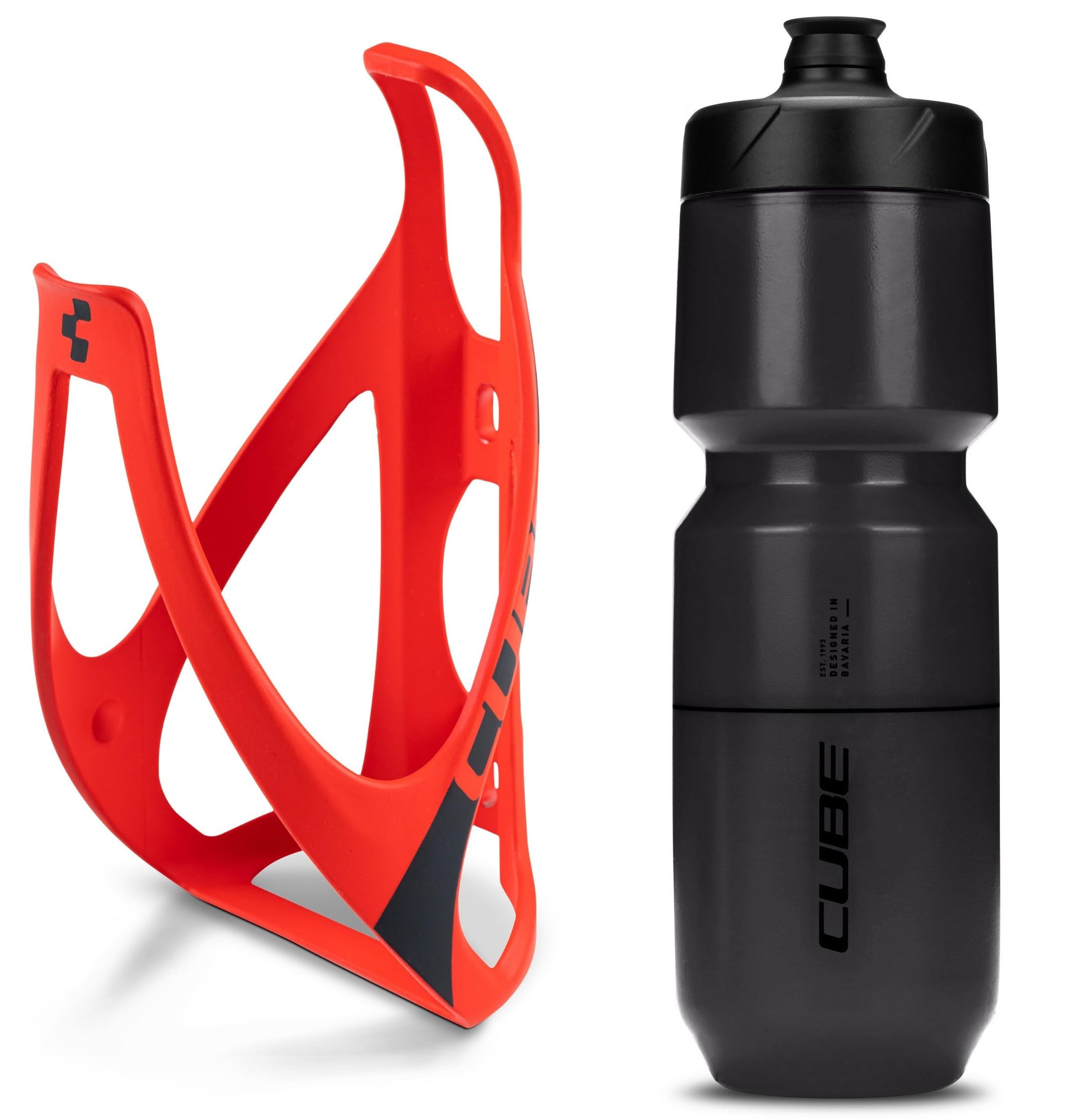 Cube HPP Cage - Red/Black & Flow Bottle - Black, 750ml / Water Drink Flask Vessel Bidon Holder Mount Bracket Kit Lightweight Plastic Drinking Hydration Biking Bike Riding Frame Accessories — image 1