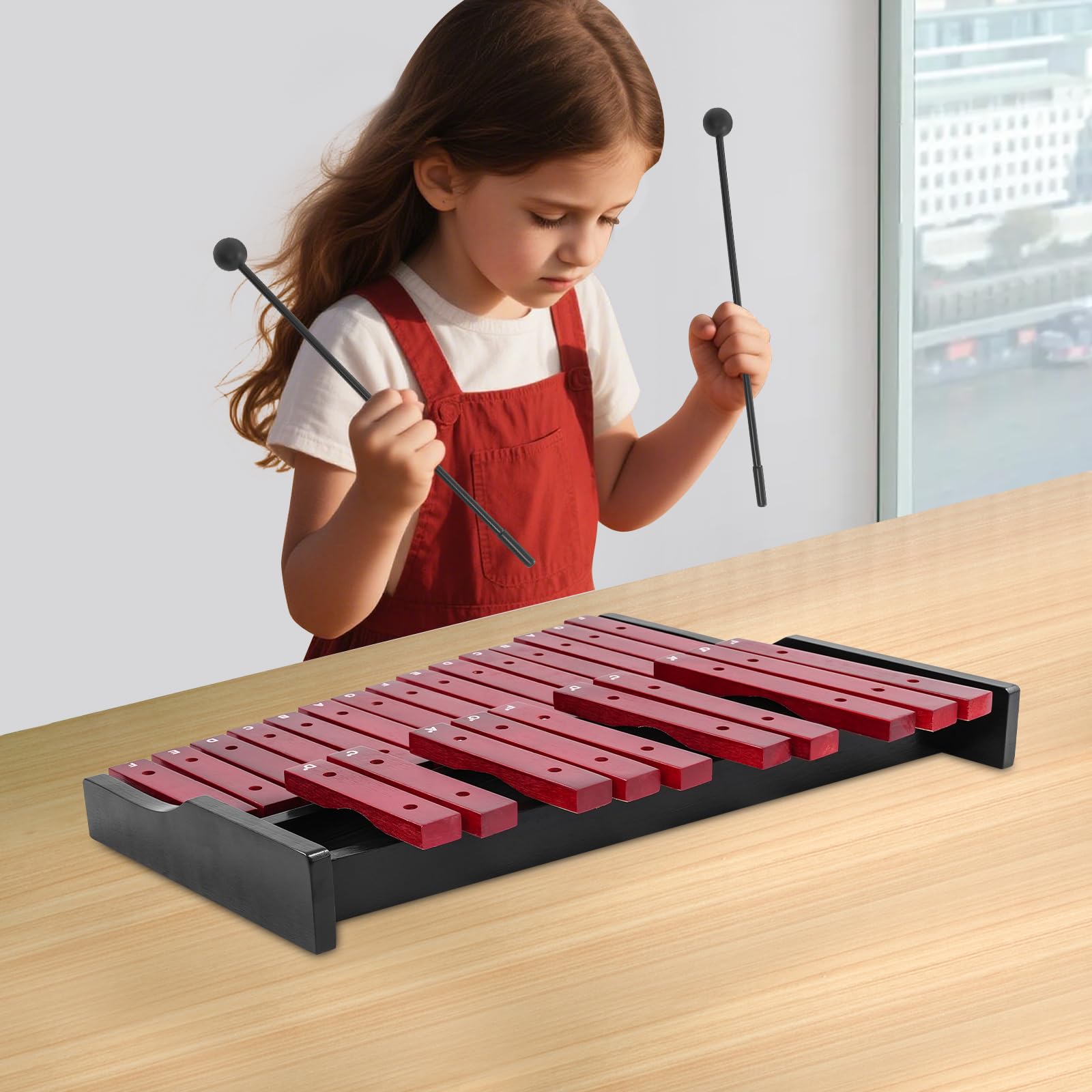 Xilofono a 25 note in legno, carillon con 2 bacchette e custodia per il trasporto, strumento musicale per bambini, adolescenti, adulti (rosso)